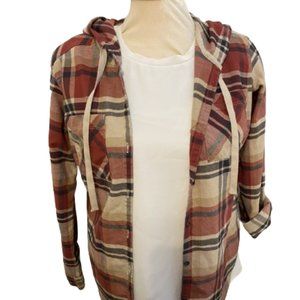 Columbia Anytime Hooded Red Tan Plaid Button Up Flannel Size Small